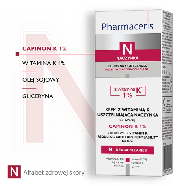 PHARMACERIS N CAPINON K 1% Krem uszczelniający naczynka z witamina K, 30 ml 2