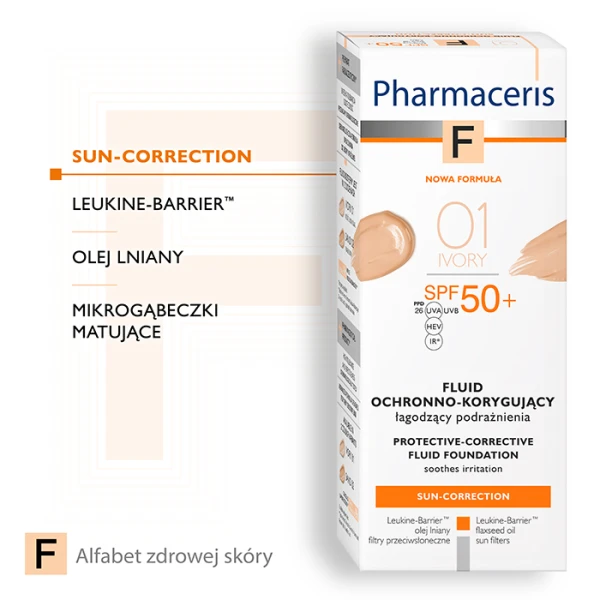 PHARMACERIS F Fluid łagodzący podrażnienia ochronno-korygujący Ivory 01 SPF50, 30 ml 5
