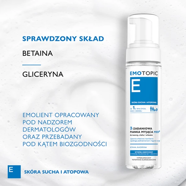 EMOTOPIC Med+ Pianka myjąca do twarzy, ciała i włosów 3 zadaniowa, 200 ml 1