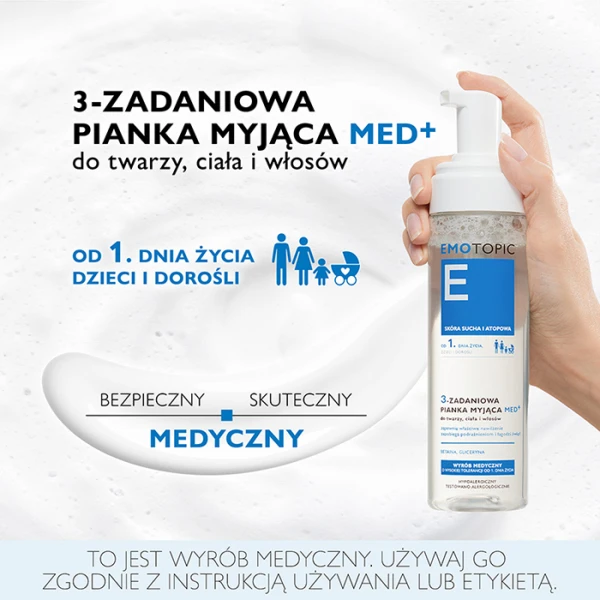 EMOTOPIC Med+ Pianka myjąca do twarzy, ciała i włosów 3 zadaniowa, 200 ml 2