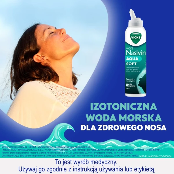 Vicks Nasivin Aqua Soft Izotoniczna Woda Morska, spray do nosa 3w1, powyżej 1. roku życia, 120 ml 1
