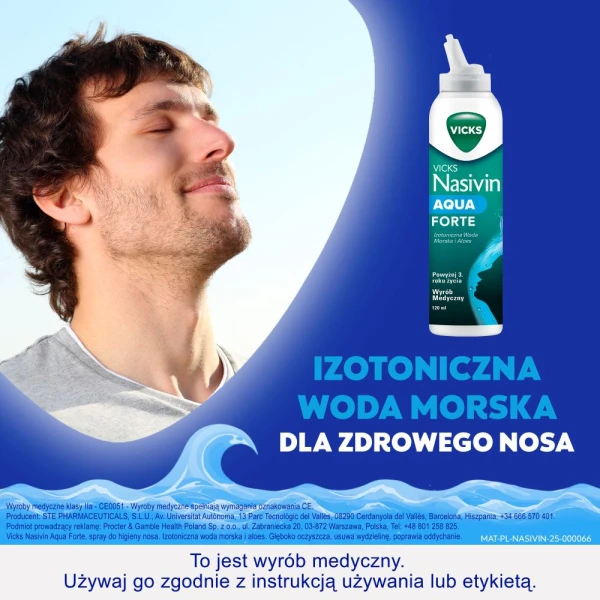 Vicks Nasivin Aqua Forte Izotoniczna Woda Morska, spray do nosa 3w1, powyżej 3 roku życia, 120 ml 1