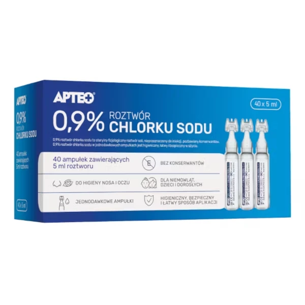 0,9% Roztwór Chlorku Sodu Apteo, 40 amp. po 5 ml