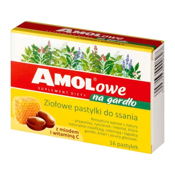 Amolowe Na Gardło Pastylki do ssania ziołowe z miodem, witaminą C, 16 szt.