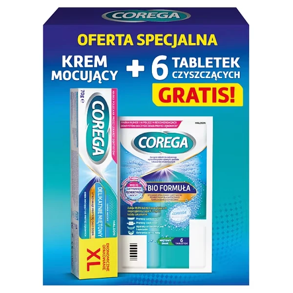 Corega Zestaw Krem mocujący delikatnie miętowy + Tabletki czyszczące, 70 g + 6 tabl.
