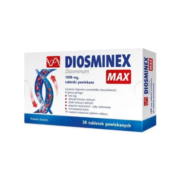 DIOSMINEX MAX 1000 mg, na hemoroidy i uczucie ciężkości stóp, 30 tabletek