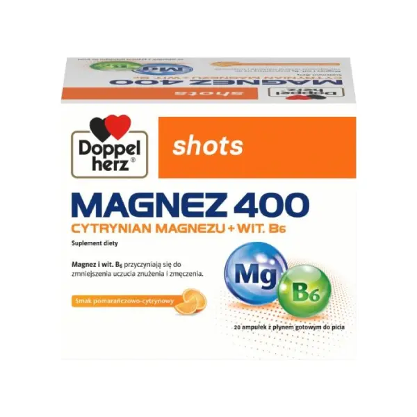 DOPPELHERZ SHOTS MAGNEZ 400 Cytrynian magnezu + wit. B6, 20 ampułek