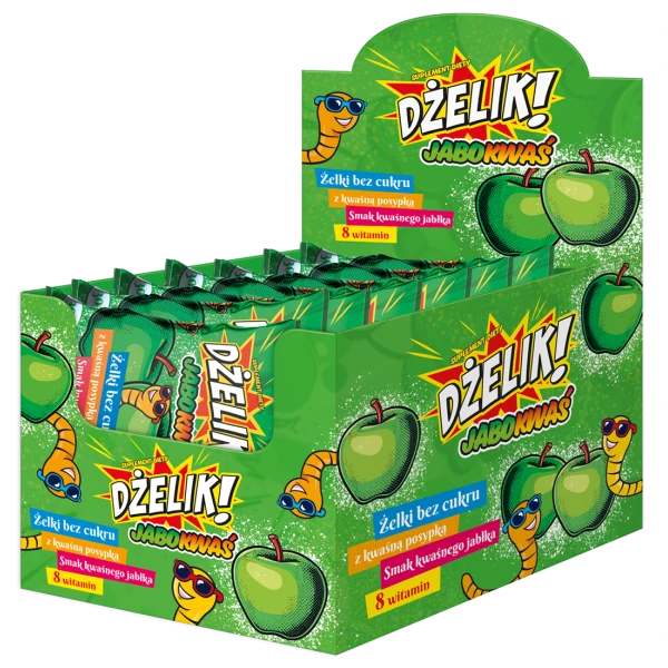 DŻELIK! JABOKWAŚ Żelki bez cukru z kwaśną posypką o smaku kwaśnego jabłka, 30 g x 20 szt.