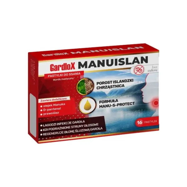 GARDLOX Manuislan bez cukru pastylki do ssania, 16 sztuk