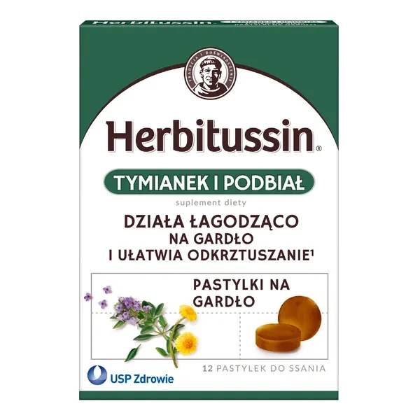 Herbitussin Tymianek I Podbiał Pastylki na gardło, 12 szt.