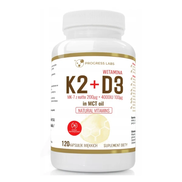 PROGRESS LABS K2 200mcg + D3 100mcg 4000 IU in oil MCT, 120 kaps.