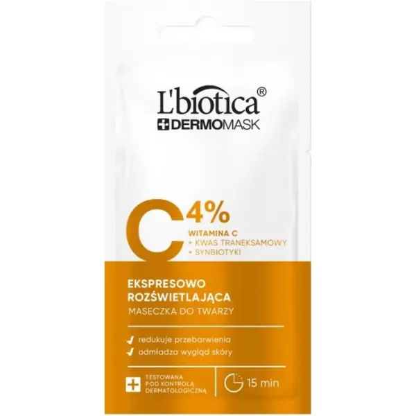 L'BIOTICA Dermomask ekspresowo rozświetlająca maska z witaminą C, 8 ml