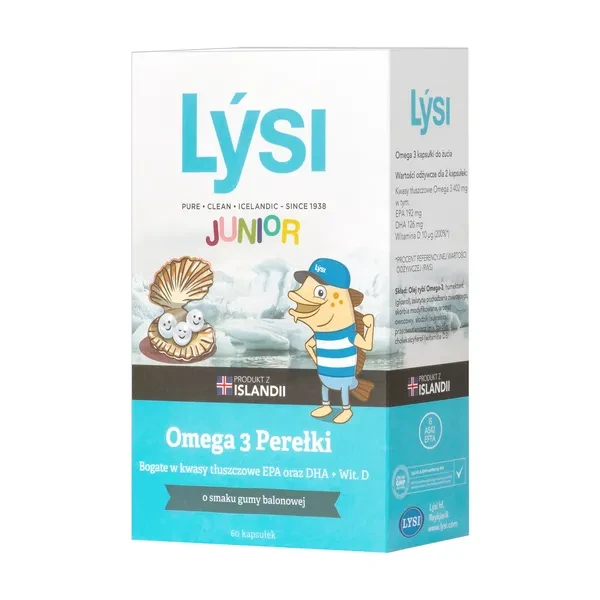 LYSI Junior Omega 3 Perełki o smaku gumy balonowej, 60 kapsułek