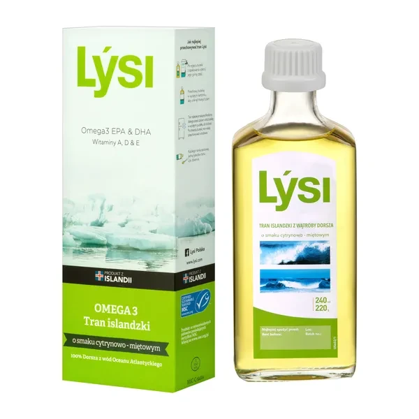 LYSI Tran islandzki o smaku cytrynowo miętowym, 240 ml