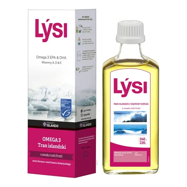 Lysi Tran Islandzki o smaku tutti frutti, 240 ml