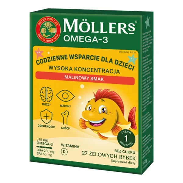Moller's Omega 3 Wysoka Koncentracja Rybki smak malinowy, 27 szt.