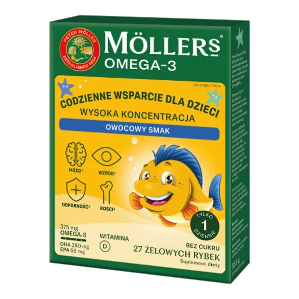 Moller's Omega 3 Wysoka Koncentracja Rybki smak owocowy, 27 szt.