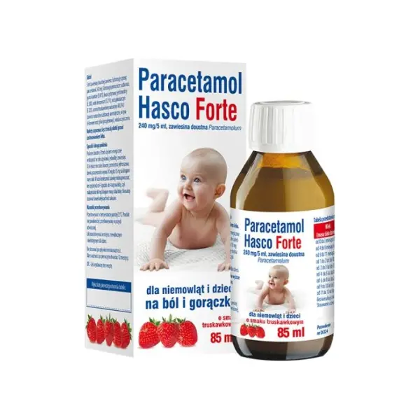 Paracetamol Hasco Forte, zawiesina na ból i gorączkę o smaku truskawkowym, 85 ml