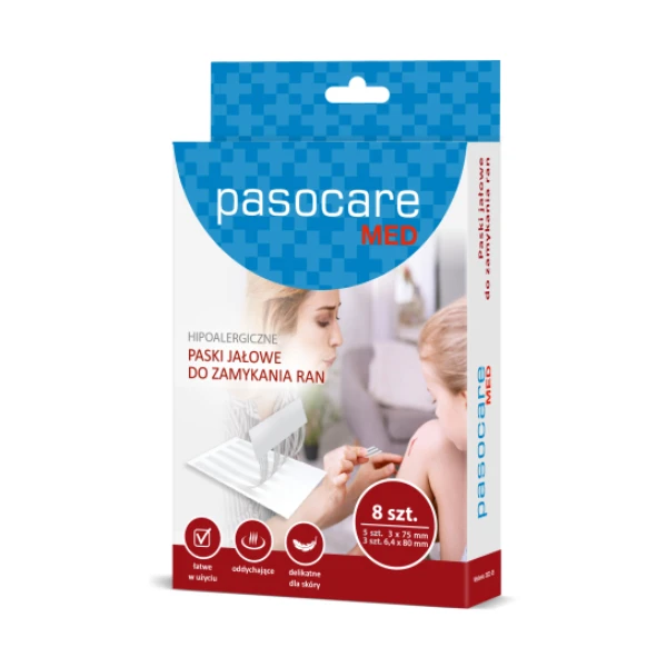 Pasocare Med Paski do zamykania ran jałowe 3 x 75 mm, 6,4 x 80 mm, 8 szt.