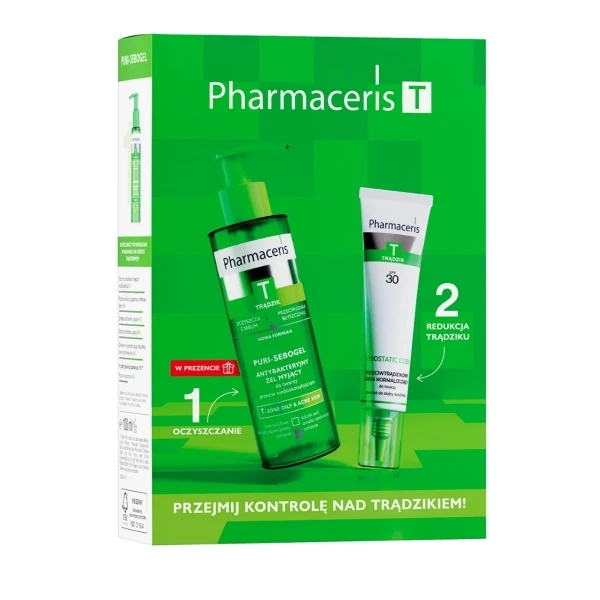 PHARMACERIS T zestaw Przejmij kontrolę nad trądzikiem! Krem normalizujący SPF 30 + żel myjący do twarzy