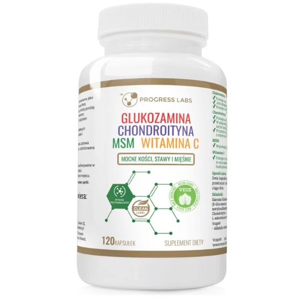PROGRESS LABS Glukozamina Chondroityna MSM Witamina C produkt vege, 120 kaps.