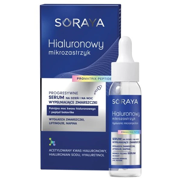 SORAYA Hialuronowy Mikrozastrzyk Promatrix Peptide Progresywne serum wypełniające zmarszczki na dzień i na noc, kwas hialuronowy i peptyd, 30 ml