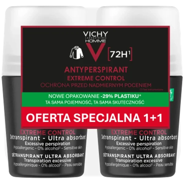 Vichy Homme Extreme Control Antyperspirant przeciw intensywnemu poceniu 72 h, 2x50ml
