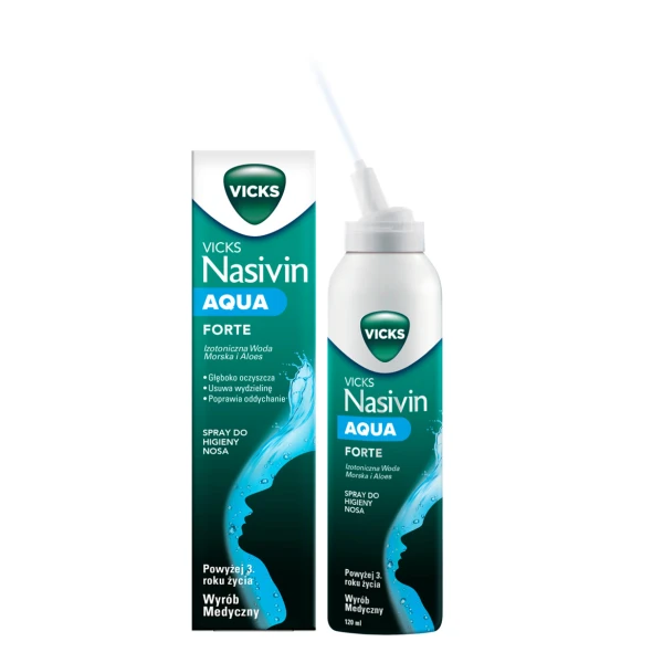 Vicks Nasivin Aqua Forte Izotoniczna Woda Morska, spray do nosa 3w1, powyżej 3 roku życia, 120 ml