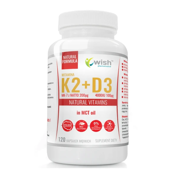 WISH Witamina K2 MK7 200mcg + D3 4000IU in MCT Oil, 120 kaps.