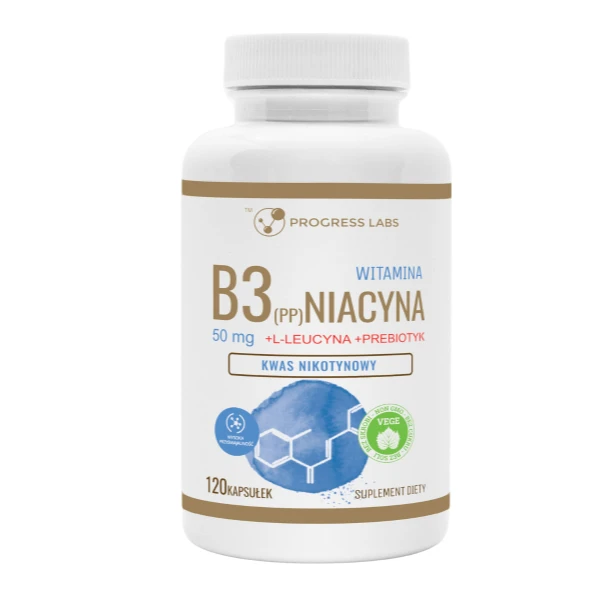 PROGRESS LABS Witamian B3 Niacyna 50mg + L-leucyna + Prebiotyk, 120 kaps.