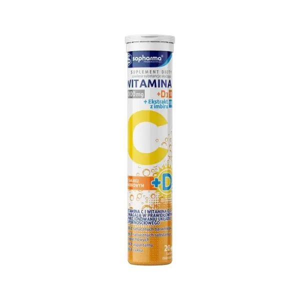 Witamina C 1000 + D3 Sopharma o smaku imbirowym 20 tabletek musujących