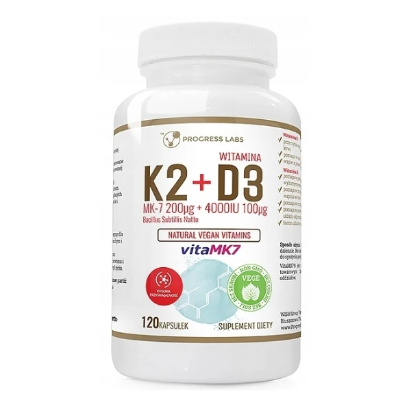 PROGRESS LABS Witamina K2 VitaMK7 200mcg + D3 4000IU Natural Vegan Vitamins, 120 kaps.
