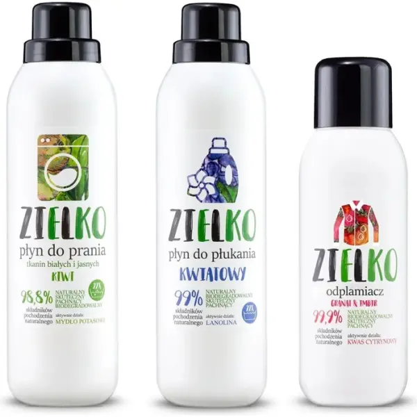 Zielko Płyn do prania tkanin białych i jasnych 1 l + Zielko Odplamiacz żel 400 ml + Zielko Płyn do płukania kwiatowy 1 l